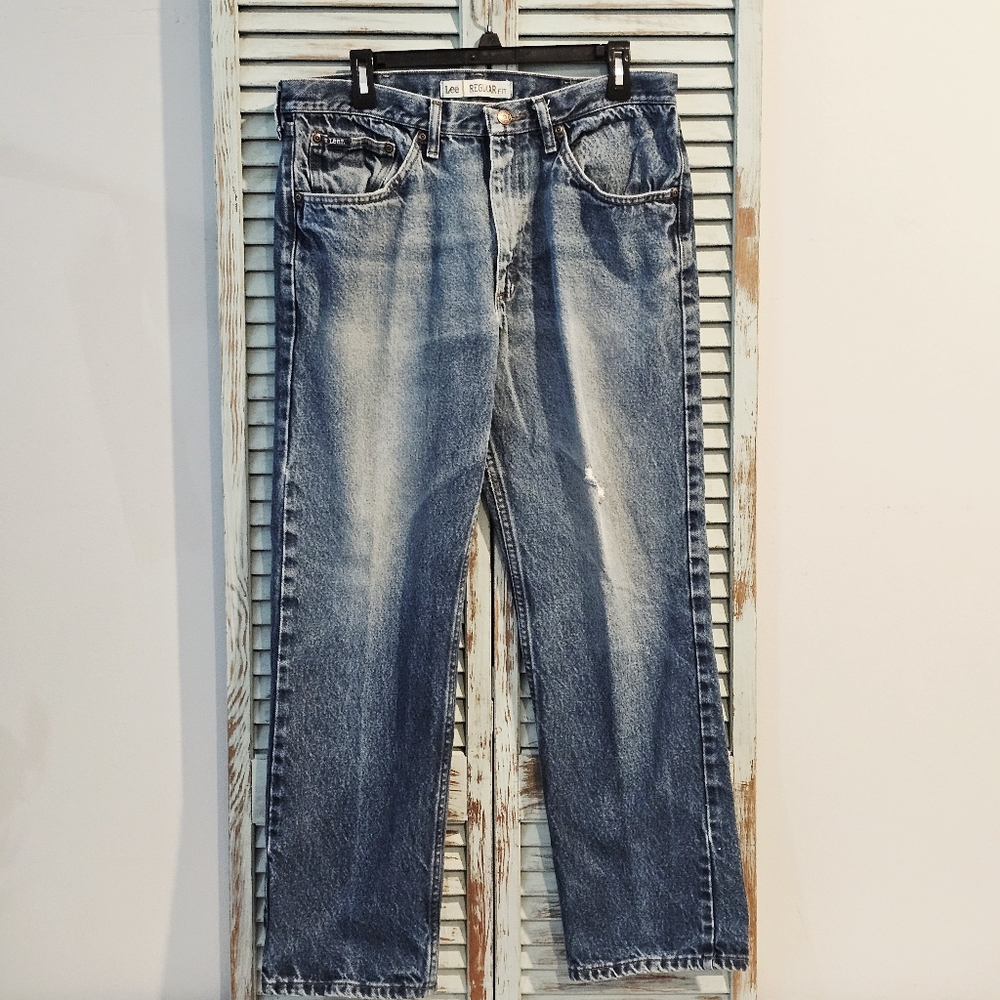 LEE CASUAL REGULAR FIT JEANS Mens 36x30 Med/Dark Wash Thrashed Denim Workwear